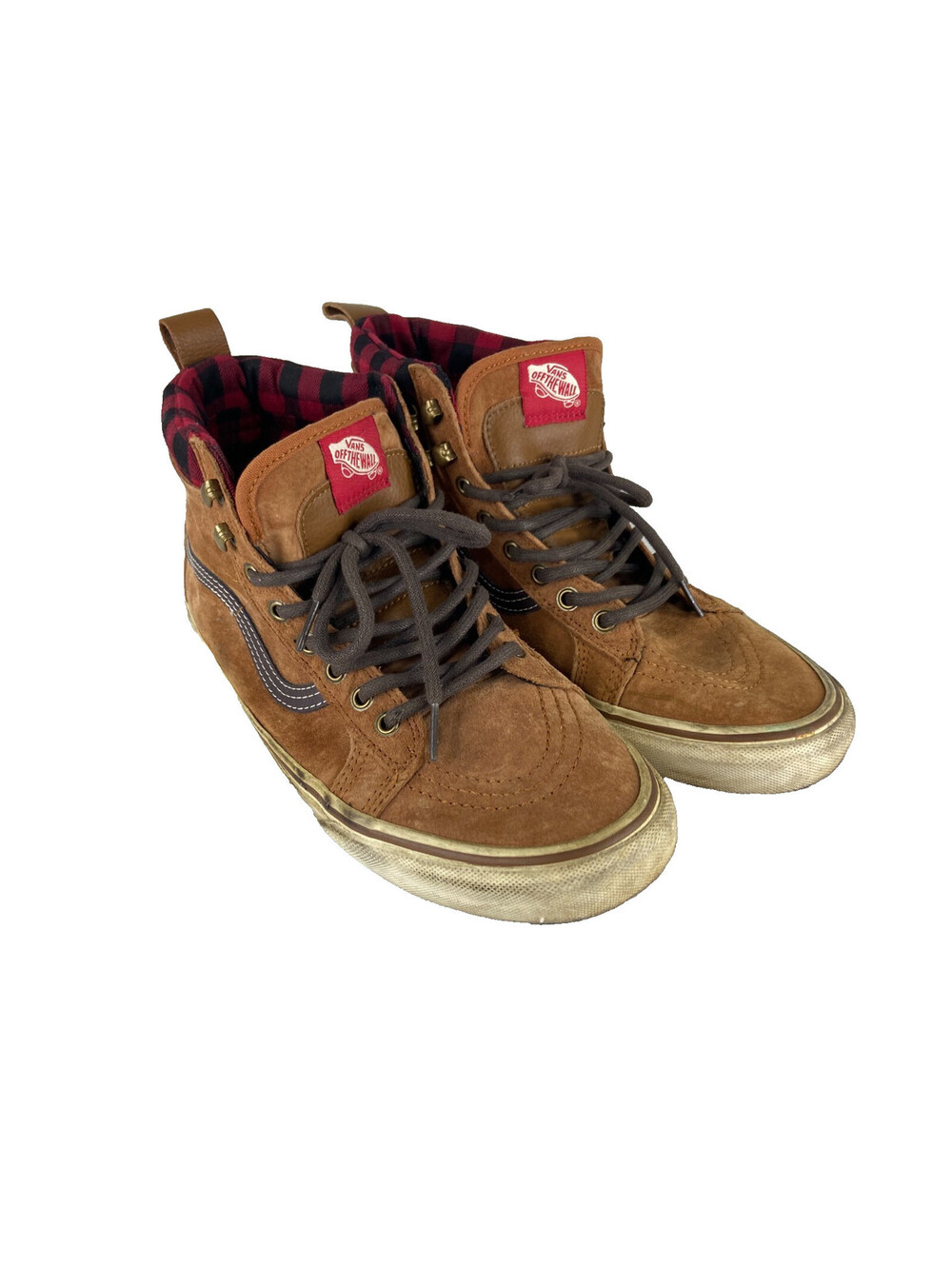 Vans Unisex Sk8-Hi MTE M 9 W 10.5 Brown Leather Sneaker Shoe Plaid Lining